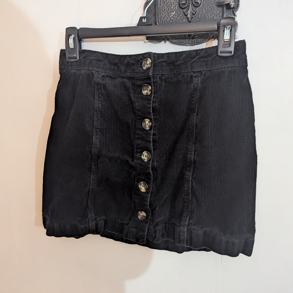 Divided Black Corduroy Mini Skirt with Buttons